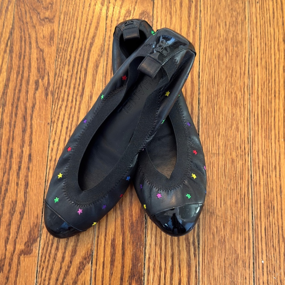 Chanel Ballet Flats black leather multicolored stars
